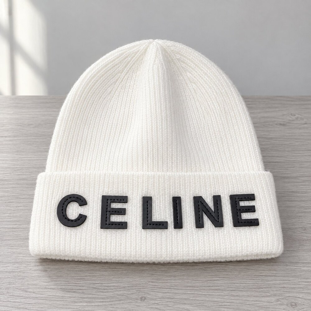CELINE White Ribbed Knit Beanie